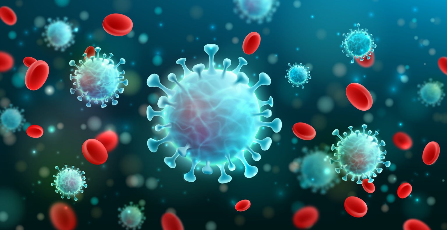 Ilustración vectorial de coronavirus 2019-nCoV y fondo de virus con células de la enfermedad y glóbulos rojos.COVID-19 brote del virus de la corona y concepto de pandemia para la atención médica