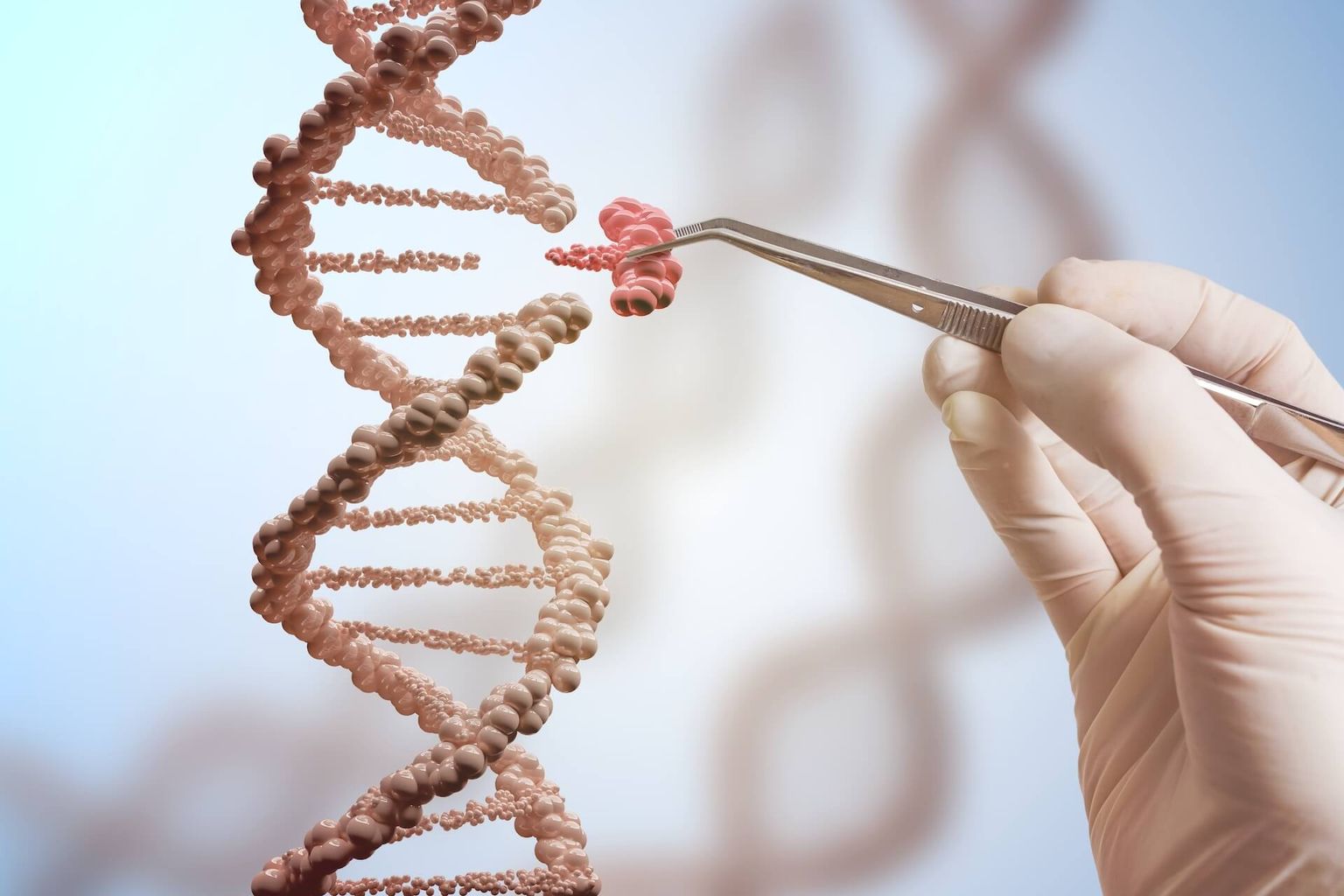 Concept de génie génétique et de manipulation génétique. La main remplace une partie d'une molécule d'ADN. Représentation 3D de l'ADN.