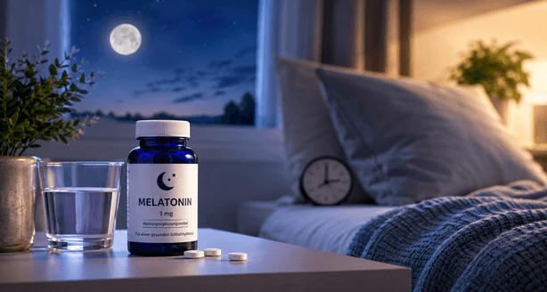 Melatonin Präparat neben Wasserglas auf Nachttisch neben Bett stehend