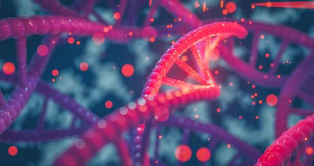 DNA Helix mit farbigen Chromosomen. DNA helix farbige Gene Chromosomen DNA-Sequenz, DNA-Struktur mit GlĂĽhen. Wissenschaftskonzept, Hintergrund 3D-Darstellung