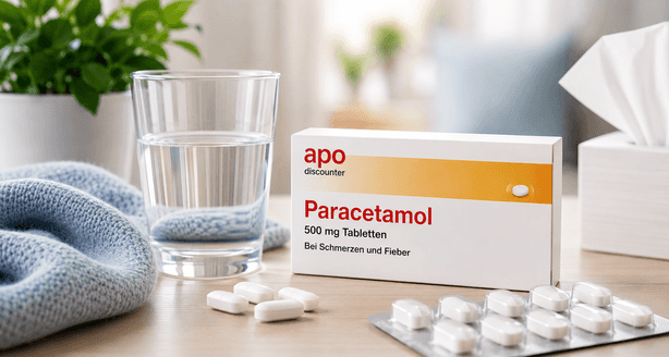 Paracetamol Tabletten Paracetamol Tabletten neben Wasserglas, Pflanzen und Taschentücher auf einem Tisch