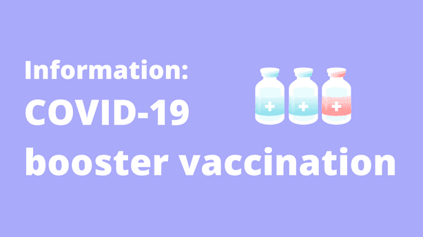Vaccin Fond violet avec trois conteneurs de doses médicales et les mots suivants en lettres blanches : Information vaccination de rappel COVID-19
