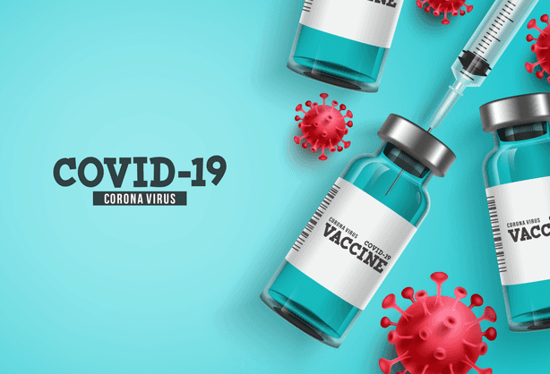 Corona-Impfstoffe auf blauem Hintergrund Hintergrund des Koronavirus-Impfstoffs Covid-19 Corona-Virus-Impfung mit Impfflasche und Spritze-Injektionstool zur Covid19-Impfung. Vector-Abbildung.