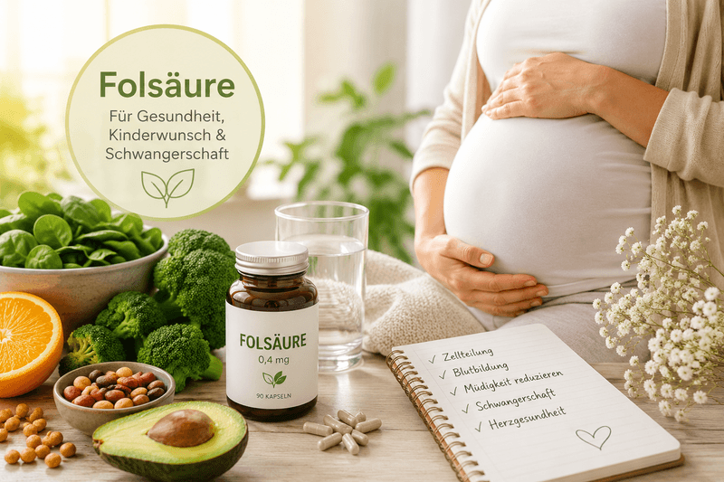 Folsäure Präparat Folsäure Präparat mit Obst und Gemüse auf einem Tisch neben schwangerer Frau